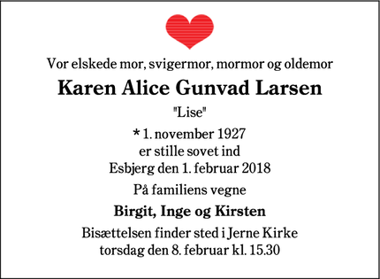 Dødsannoncen for Karen Alice Gunvad Larsen - fanø