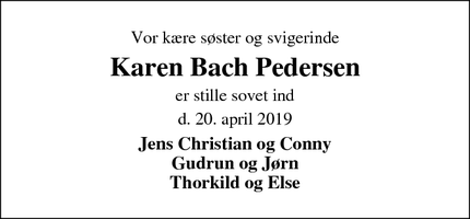 Dødsannoncen for Karen Bach Pedersen - Bjerregrav 9632 Møldrup
