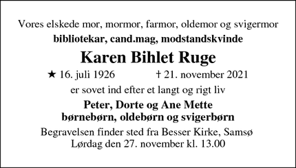 Dødsannoncen for Karen Bihlet Ruge - København S