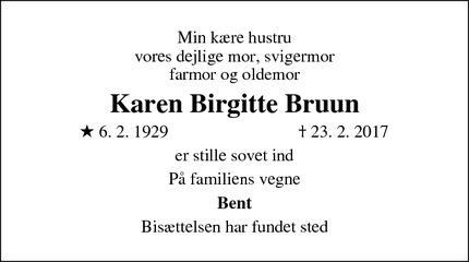 Dødsannoncen for Karen Birgitte Bruun - Hjørring