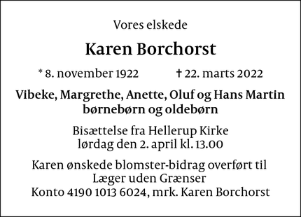 Dødsannoncen for Karen Borchorst - Århus N
