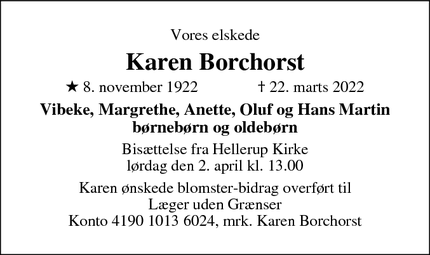 Dødsannoncen for Karen Borchorst - Århus N