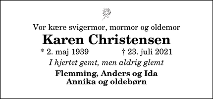 Dødsannoncen for Karen Christensen - Hjørring 