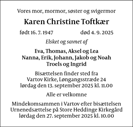 Dødsannoncen for Karen Christine Toftkær - København