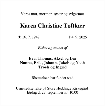 Dødsannoncen for Karen Christine Toftkær - Brønshøj