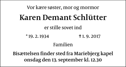 Dødsannoncen for Karen Demant Schlütter - Lyngby