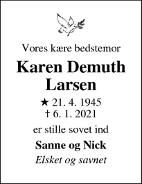 Dødsannoncen for Karen Demuth Larsen - Vester aaby