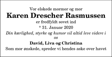 Dødsannoncen for Karen Drescher Rasmussen - Frederiksberg