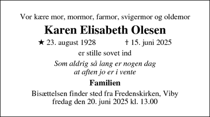 Dødsannoncen for Karen Elisabeth Olesen - Aarhus