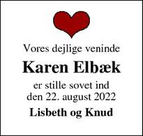 Dødsannoncen for Karen Elbæk - Silkeborg