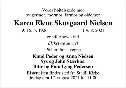 Dødsannoncen for Karen Elene Skovgaard Nielsen - Ringkøbing