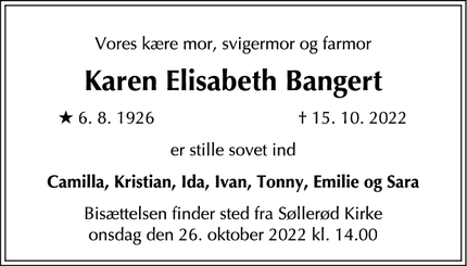 Dødsannoncen for Karen Elisabeth Bangert - Vedbaek