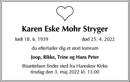 Dødsannoncen for Karen Eske Mohr Stryger - Valby