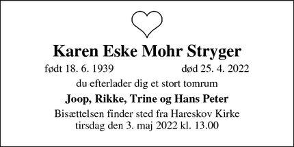 Dødsannoncen for Karen Eske Mohr Stryger - Valby