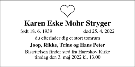 Dødsannoncen for Karen Eske Mohr Stryger - Valby