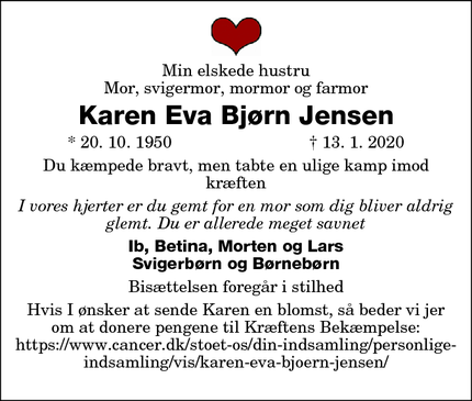 Dødsannoncen for Karen Eva Bjørn Jensen - Nørre Alslev
