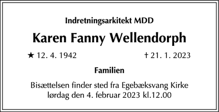 Dødsannoncen for Karen Fanny Wellendorph - Snekkersten 