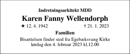 Dødsannoncen for Karen Fanny Wellendorph - Snekkersten 