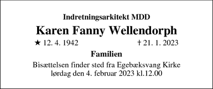 Dødsannoncen for Karen Fanny Wellendorph - Snekkersten 