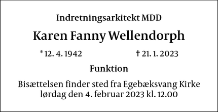 Dødsannoncen for Karen Fanny Wellendorph - 3070 Snekkersten 