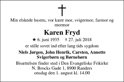 Dødsannoncen for Karen Fryd  - Randers, Danmark
