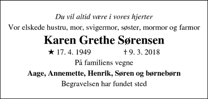 Dødsannoncen for Karen Grethe Sørensen - Slagelse