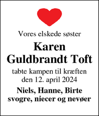 Dødsannoncen for Karen Guldbrandt Toft - Skjern