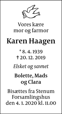 Dødsannoncen for Karen Haagen - Samsø