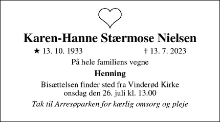Dødsannoncen for Karen-Hanne Stærmose Nielsen - Frederiksværk
