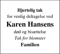 Taksigelsen for Karen Hansens - København S