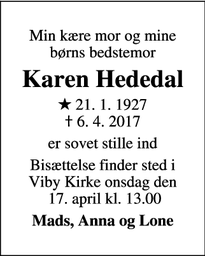 Dødsannoncen for Karen Hededal - Viby J