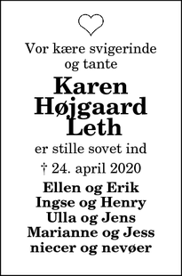 Dødsannoncen for Karen Højgaard
 Leth - Skovsgaard