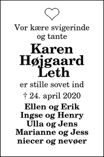 Dødsannoncen for Karen Højgaard
Leth - Skovsgaard