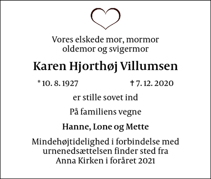 Dødsannoncen for Karen Hjorthøj Villumsen - København