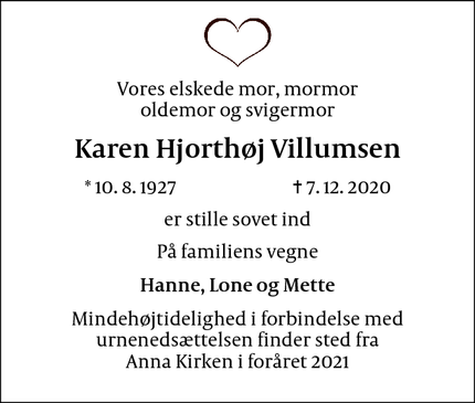 Dødsannoncen for Karen Hjorthøj Villumsen - København