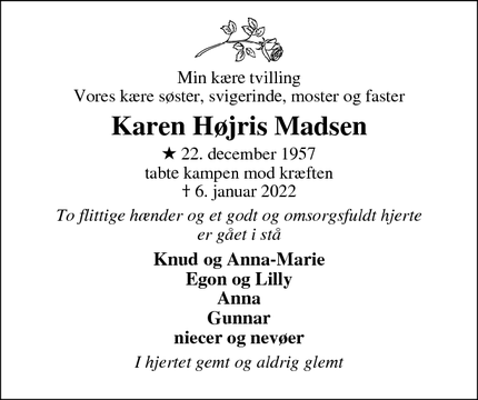 Dødsannoncen for Karen Højris Madsen - Lemvig
