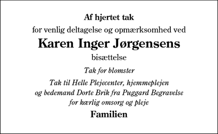 Taksigelsen for Karen Inger Jørgensens - Fåborg, 6818 Årre