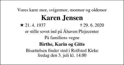 Dødsannoncen for Karen Jensen - Ferritsslev fyn