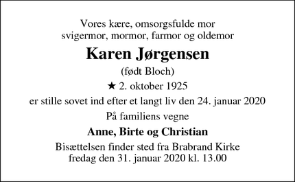 Dødsannoncen for Karen Jørgensen - Brabrand 