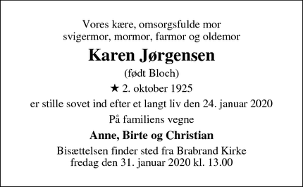 Dødsannoncen for Karen Jørgensen - Brabrand 