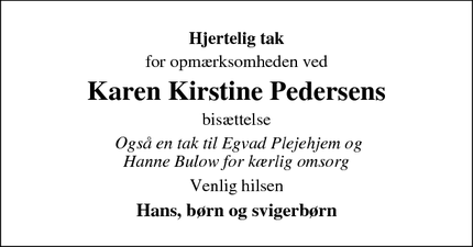 Dødsannoncen for Karen Kirstine Pedersens - Ulfborg