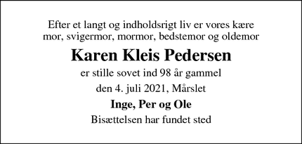 Dødsannoncen for Karen Kleis Pedersen - Mårslet
