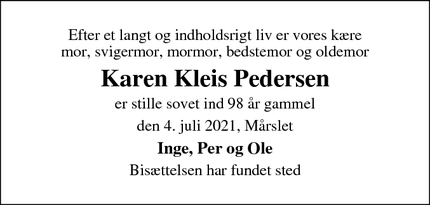 Dødsannoncen for Karen Kleis Pedersen - Mårslet