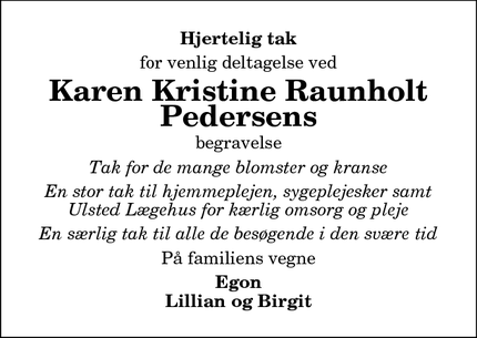 Taksigelsen for Karen Kristine Raunholt Pedersens - Ulsted