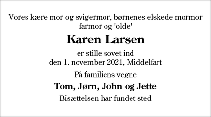 Dødsannoncen for Karen Larsen - Aalborg