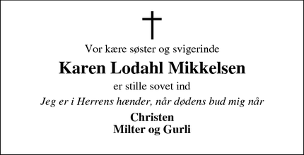 Dødsannoncen for Karen Lodahl Mikkelsen - Vinderup