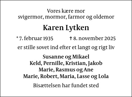 Dødsannoncen for Karen Lytken - Hobro