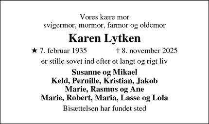 Dødsannoncen for Karen Lytken - Hobro