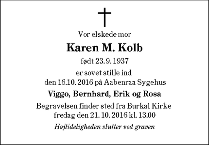 Dødsannoncen for Karen M. Kolb - Nolde,Åbenrå Danmark