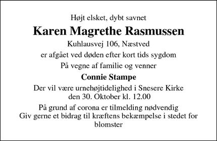 Dødsannoncen for Karen Magrethe Rasmussen - Næstved